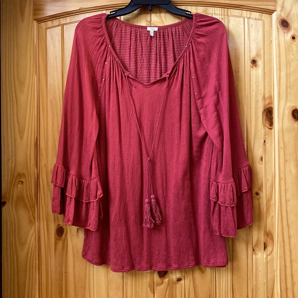 Reba Rusty Red Southwest Style Long Sleeve Blouse Size Small-fits like Medium
